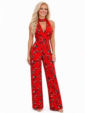 ❤️ The Room Red Floral Halter Jumpsuit | Wide Leg | SIZE MEDIUM